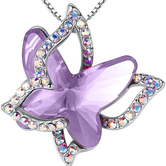 Gift Butterfly Birthstone Crystal Necklace, Silver Tone with 18”+2” Chain, Neckl